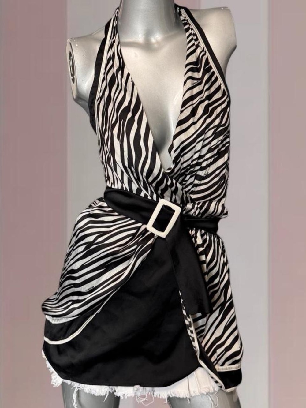 Y2K Bebe black & white zebra print halter top with belt